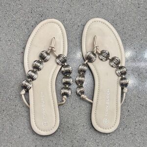 Tory Burch Cream and Silver Leather Beaded Sandals